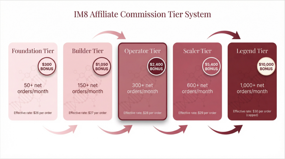 IM8 Affiliate Commission Tier System showing Foundation, Builder, Operator, Scaler, and Legend tiers