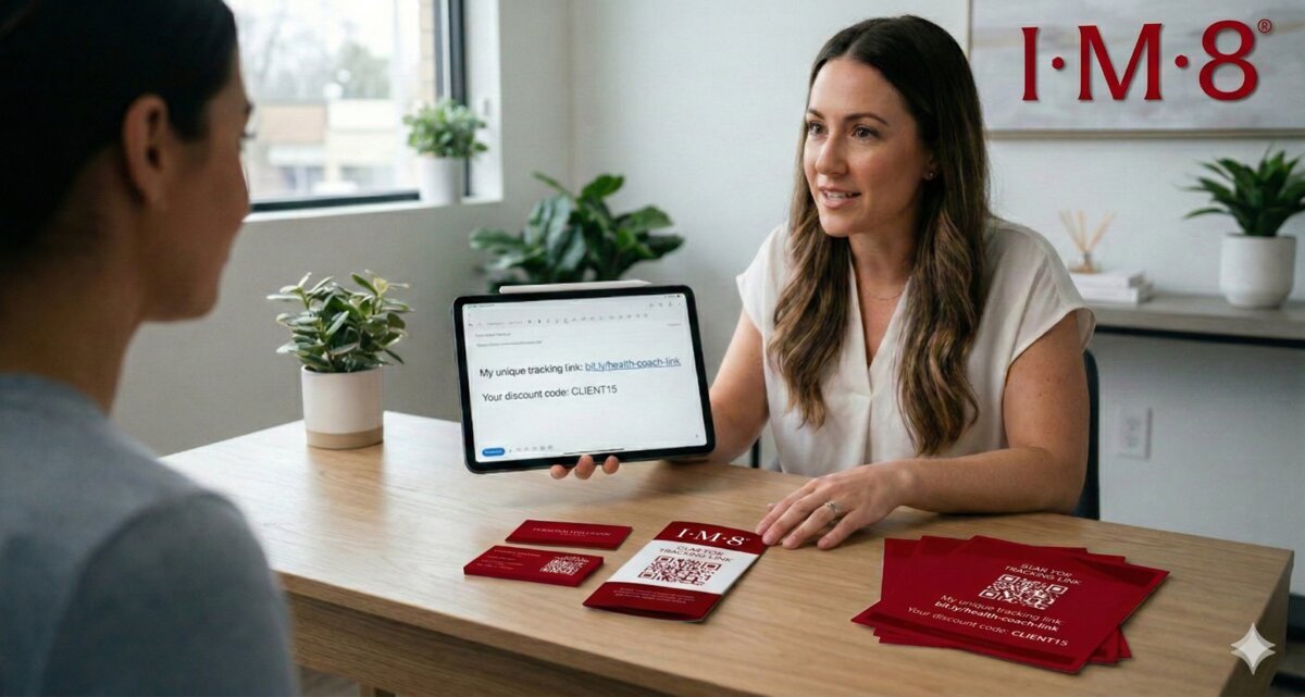 IM8 affiliate showing tracking link and QR code promotional materials